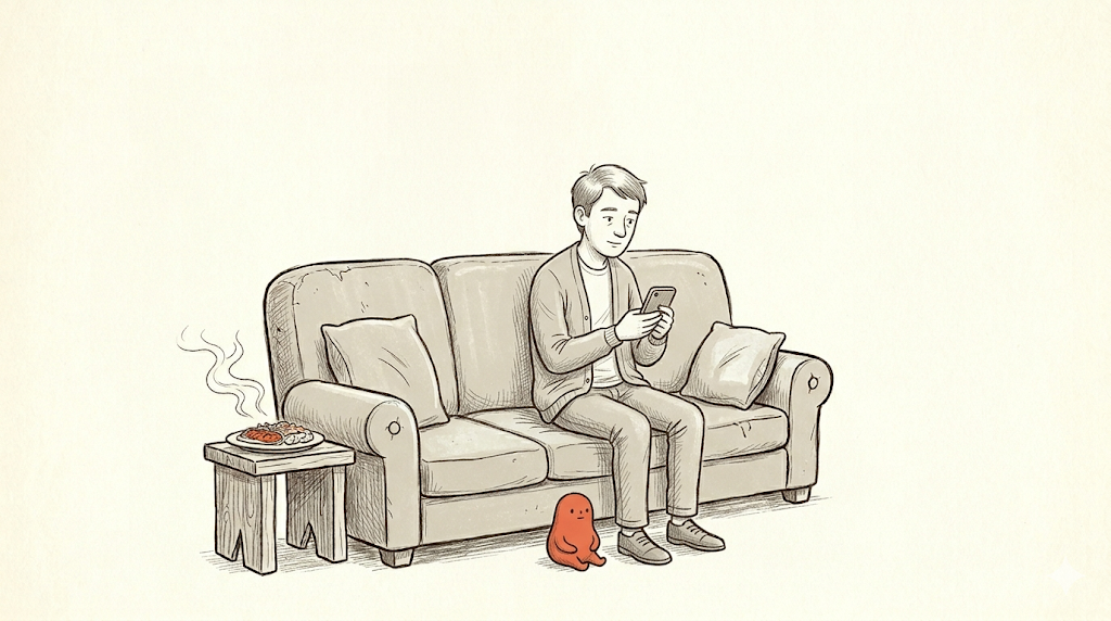 A person sits on a sofa scrolling a phone; a tiny coral creature sits at their feet; a hot plate of food waits on the side table.