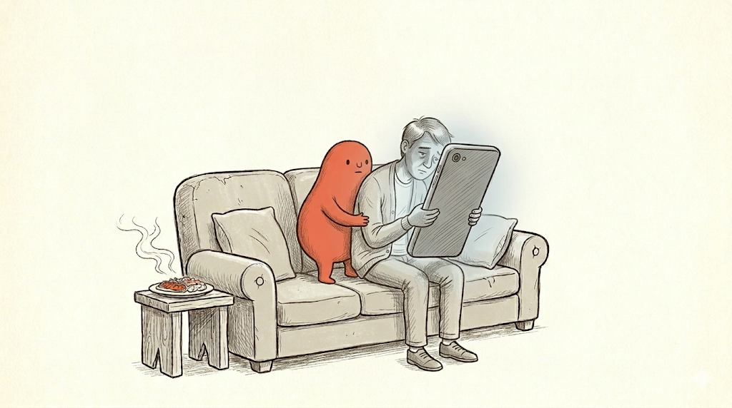 The phone has grown larger; the person leans in; the coral creature has grown and is climbing onto them.