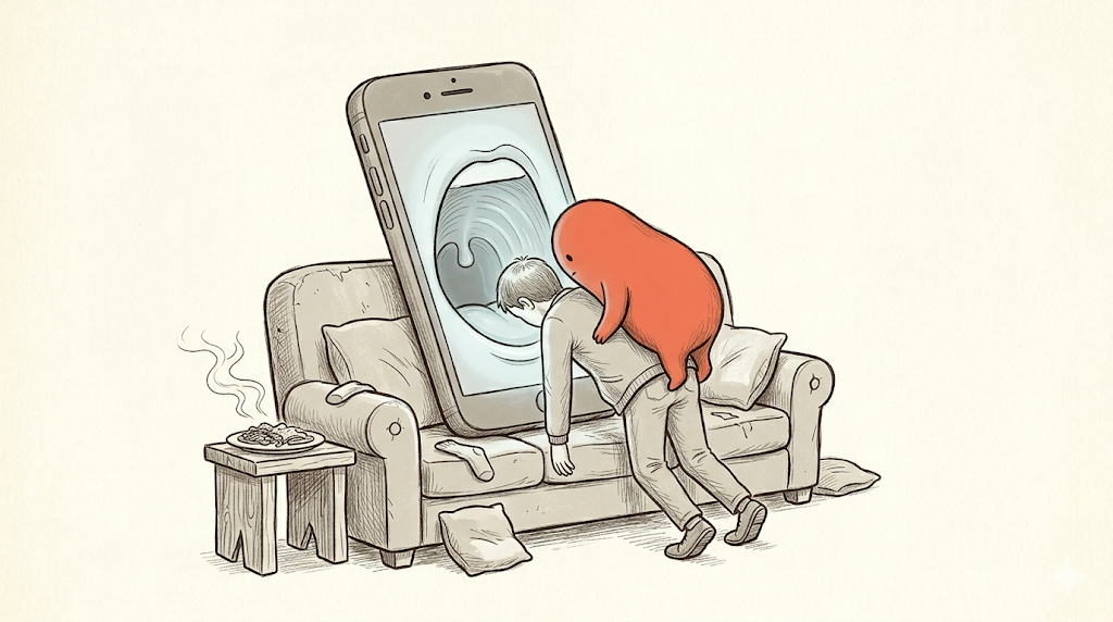 The phone has become enormous, its screen an opening; the person is being swallowed head-first; the coral creature looms over their back.