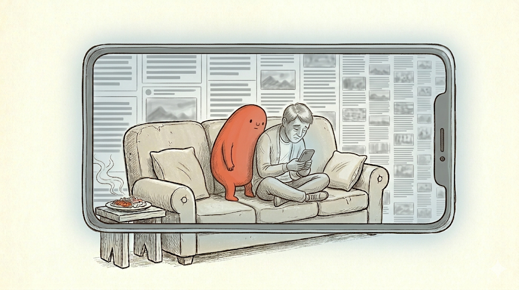 The whole room is now inside a phone screen, walled by an endless feed; the person sits inside still scrolling another phone.
