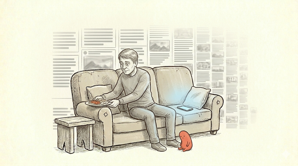 The phone is back to normal, set down on the cushion; the person reaches for the plate; the coral creature has shrunk back to tiny.